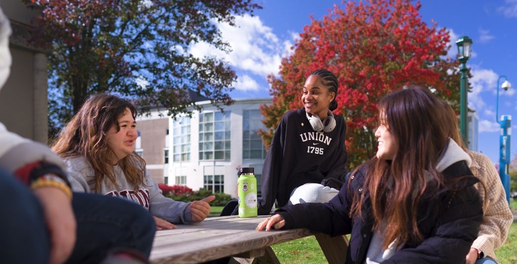 Group of students talking at a picnic table