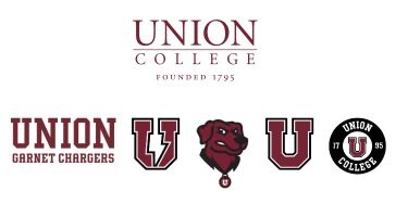 All of the Union College logos in garnet on a white background