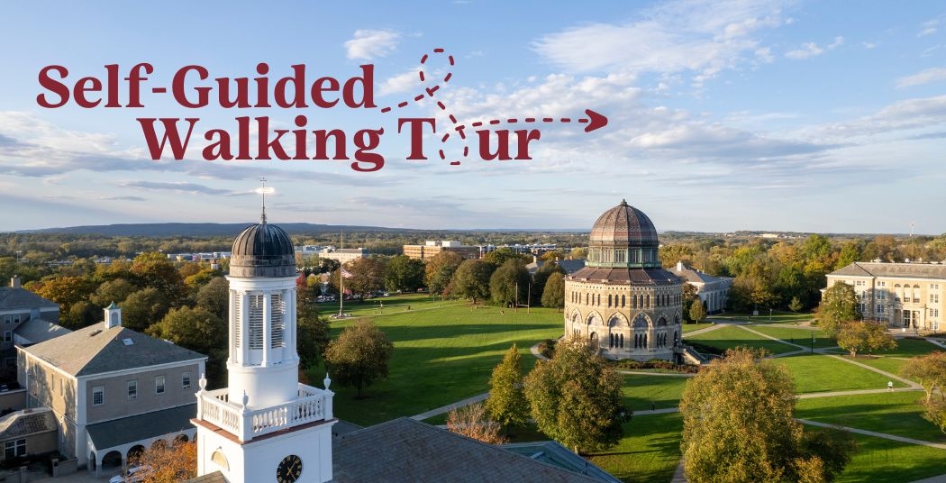 Self-guided walking tour logo over a photo of campus