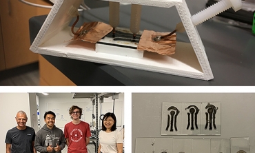 Top:&nbsp;A humidity chamber used to test sensors created in the lab.&nbsp; Bottom left:&nbsp;From left are Stan Gorski, Sang Duong '23, Luke Kilby '23 and Yijing Stehle. Bottom right:&nbsp;ensors made from dropping multiple layers of graphene ink onto a mold.