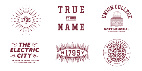 Badges and icons that say 1795, Union College and Electric City