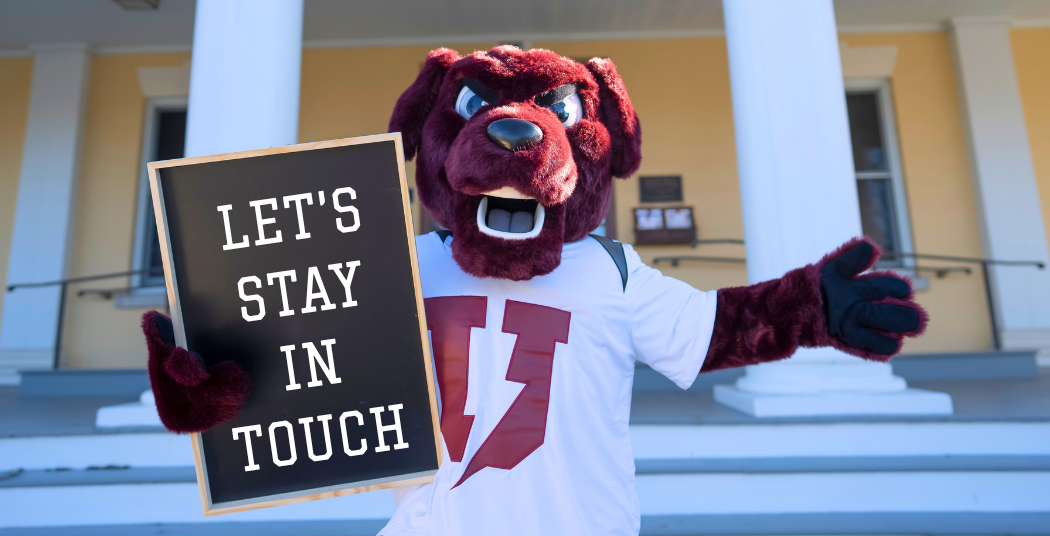Charger mascot holding a sign that says "Let's stay in touch"