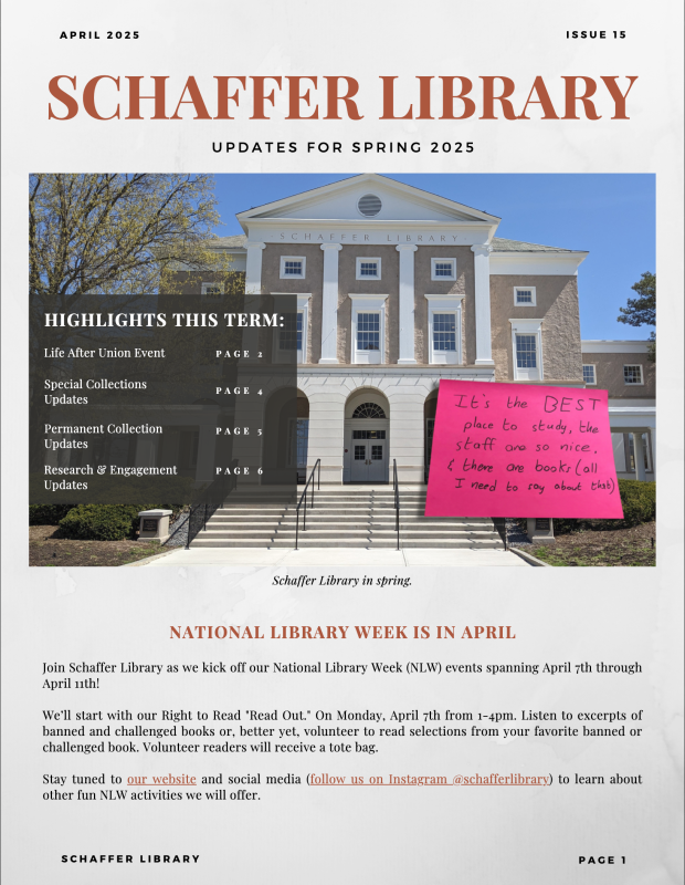 Schaffer Library newsletter cover issue 15 Spring 2025